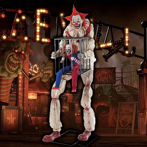 Life Size 7 Ft. Animated Cagey Clown w/ Evil Circus Clown in Cage Halloween Prop