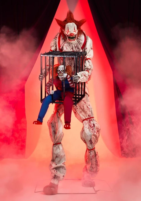 Life Size 7 Ft. Animated Cagey Clown w/ Evil Circus Clown in Cage Halloween Prop