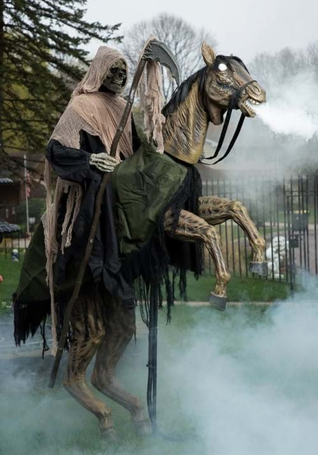 Life Size nearly 7 Ft. Animated Reaper's Ride On Horse Reaper Halloween Prop