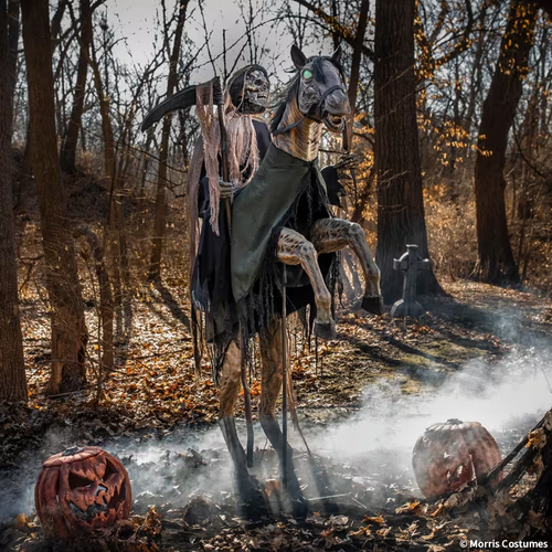 Life Size nearly 7 Ft. Animated Reaper's Ride On Horse Reaper Halloween Prop
