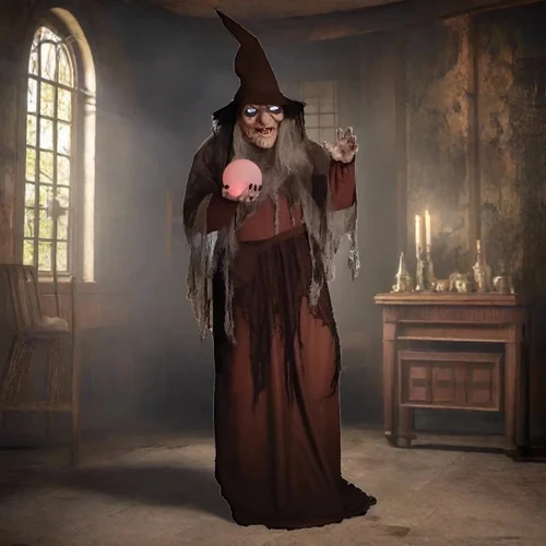 Life Size 68" Animated Soothsayer Witch Grasps a Mystical Ball Halloween Prop