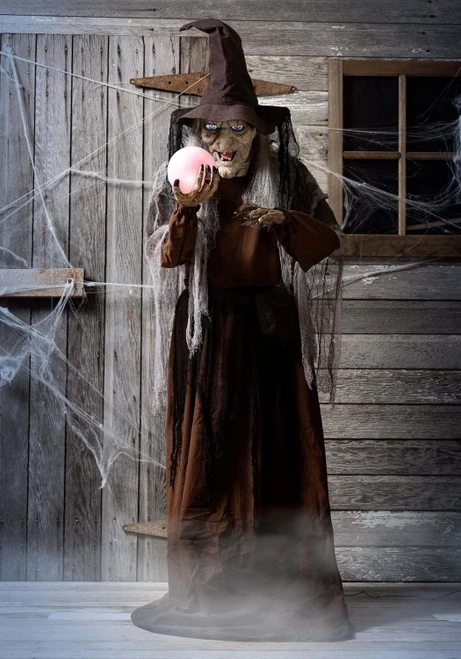 Life Size 68" Animated Soothsayer Witch Grasps a Mystical Ball Halloween Prop