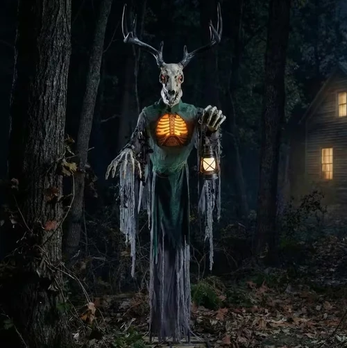 8 Ft. Animated Skeleton Forest Cult Creature with Horns Halloween Prop Decor