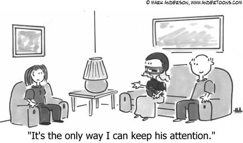 Sports Cartoon # 1607 - It's the only way I can keep his attention.
