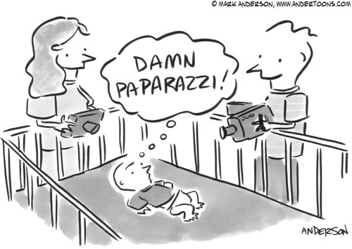 Baby Cartoon # 3527 - (Baby being photographed and videotaped by parents thinks 'Damn paparazzi!')