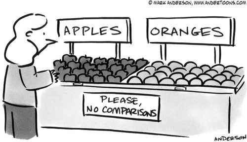 Food Cartoon # 4815 - (Grocery store fruit table has apples and oranges and a sign reading 'Please, No Comparisons.')