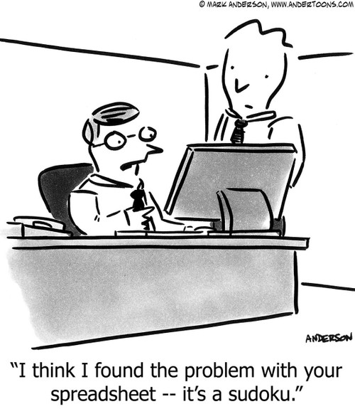 Game Cartoon # 5815 - I think I found the problem with your spreadsheet -- it's a sudoku.