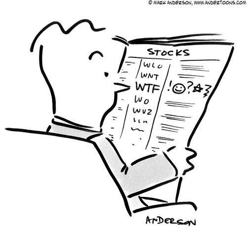 Stock Cartoon # 6275 - (Man reading stock section of newspaper sees stock symbol 'WTF' with odd symbols following.)