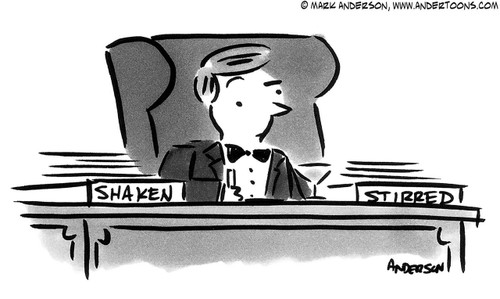 Office Cartoon # 6318 - (James Bond sitting at desk with trays marked 'Shaken' and 'Stirred'.)