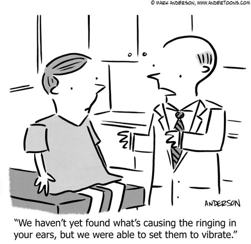 Telephone Cartoon # 7037 - We haven't yet found what's causing the ringing in your ears, but we were able to set them to vibrate.