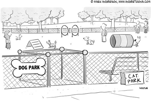 Cat Cartoon # 7198 - (Dog park is wide open public space. Cat Park is a single paper bag.)