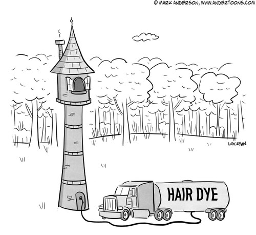 Hair Cartoon # 7204 - (Tanker truck outside Rapunzel's tower filled with hair dye.)