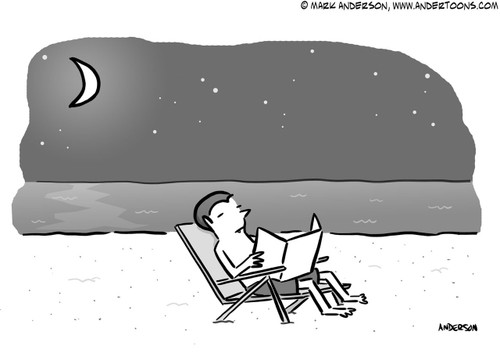 Halloween Cartoon # 7373 - (Vampire on beach tanning under full moon.)