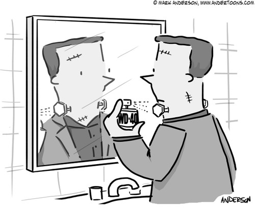 Halloween Cartoon # 7376 - (Frankenstein sprays WD40 cologne on bolts in neck.)