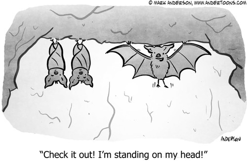 Bats Cartoon # 7490 - Check it out! I'm standing on my head!