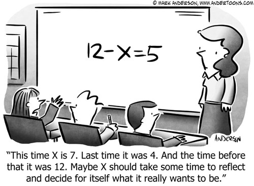 Identity Cartoon # 7857 - This time X is 7. Last time it was 4. And the time before that it was 12. Maybe X should take some time to reflect and decide for itself what it really wants to be.