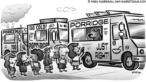 Porridge Cartoon # 8126 - (3 food trucks serving porridge - Too Hot, Too Cold, Just Right.)