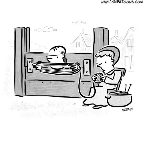 Knitting Cartoon #8843 - Person is in stockade with head and hands sticking out holding yard for woman’s sitting nearby making a ball of yarn from the held skein.