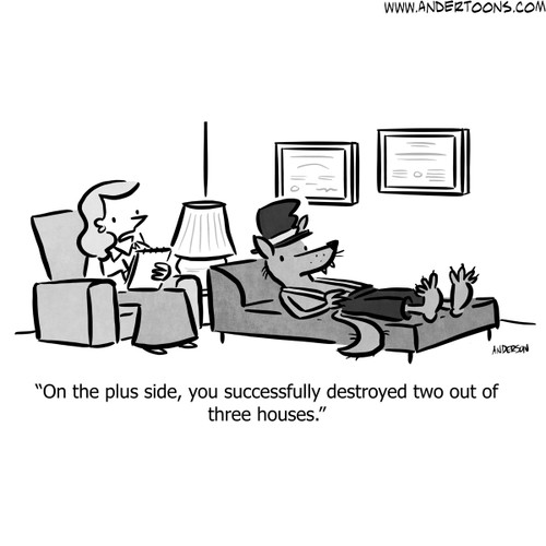 Wolf Cartoon #8844 - On the plus side, you successfully destroyed two out of three houses.