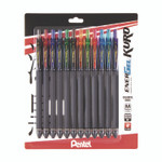 Pentel EnerGel Kuro Gel Pen, Retractable, Medium 0.7 mm, Assorted Ink Colors, Black Barrel, 12/Pack