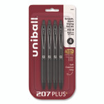 uniball 207 Plus+ Gel Pen, Retractable, Medium 0.7 mm, Black Ink, Black Barrel, 4/Pack