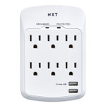 NXT Technologies Wall-Mount Surge Protector, 6 AC Outlets/2 USB Ports, 1,200 J, White