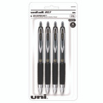 uniball Signo 207 Gel Pen, Retractable, Fine 0.5 mm, Black Ink, Smoke/Black Barrel, 4/Pack