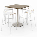 KFI Studios Pedestal Bistro Table with Four White Jive Series Barstools, Square, 36 x 36 x 41, Studio Teak