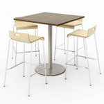 KFI Studios Pedestal Bistro Table with Four Natural Jive Series Barstools, Square, 36 x 36 x 41, Studio Teak