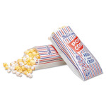 Bagcraft Pinch-Bottom Paper Popcorn Bag, Delicious Popcorn: Circus Clown Icon Labeling, 4" x 1.5" x 8", Red/White/Blue, 1,000/Carton