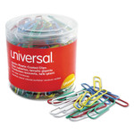 Universal Plastic-Coated Paper Clips with One-Compartment Dispenser Tub, Jumbo, Assorted Colors, 250/Pack (UNV95000) View Product Image