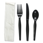 Boardwalk Four-Piece Cutlery Kit, Fork/Knife/Napkin/Teaspoon, Heavyweight, Black, 250/Carton (BWKFKTNHWPSBLA) View Product Image