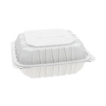 Pactiv Evergreen EarthChoice Vented Microwavable MFPP Hinged Lid Container, 8.5 x 8.5 x 3.1, White, Plastic, 146/Carton