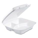Dart Foam Hinged Lid Container, Performer Perforated Lid, 3 Compartments, 9 x 9.4 x 3, White, 100/Bag, 2 Bag/Carton