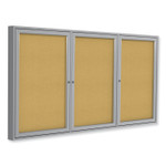 Ghent 3 Door Enclosed Natural Cork Bulletin Board with Satin Frame, 96" x 48", Tan Surface, Satin Aluminum Frame