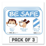 Tabbies BeSafe Messaging Education Wall Signs, 9 x 6,  "Be Safe, Wear a Mask, Wash Your Hands, Follow the Arrows", Monkey, 3/Pack