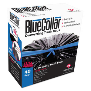 BlueCollar Drawstring Trash Bags, Drawstring, 30 gal, 1 mil, 30" x 34", Black, 40 Bags/Box, 6 Boxes/Carton