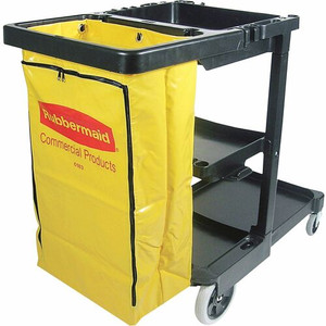 Rubbermaid Commercial Janitor Cart With Zipper Yellow Vinyl Bag - 3 Shelf - 4" , 8" Caster Size - 21.75" Width x 46" Depth x 38.38" Height - Black