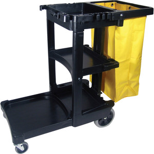 Rubbermaid Commercial Janitor Cart With Zipper Yellow Vinyl Bag - 3 Shelf - 4" , 8" Caster Size - 21.75" Width x 46" Depth x 38.38" Height - Black