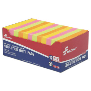AbilityOne 7530013930103 SKILCRAFT Self-Stick Note Pads, 2" x 3", Assorted Neon Colors, 100 Sheets/Pad, 12 Pads/Pack (NSN3930103) View Product Image