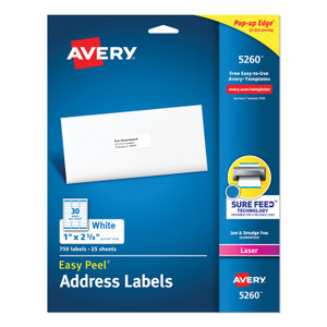 Avery Easy Peel White Address Labels w/ Sure Feed Technology, Laser Printers, 1 x 2.63, White, 30/Sheet, 25 Sheets/Pack (AVE5260) View Product Image