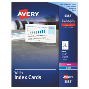 Avery Printable Index Cards with Sure Feed, Unruled, Inkjet/Laser, 3 x 5, White, 150 Cards, 3 Cards/Sheet, 50 Sheets/Box (AVE5388) View Product Image