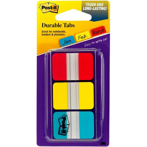 Post-it Durable Tabs - 36 Write-on Tab(s) - 1.50" Tab Height x 1" Tab Width - Red, Yellow, Blue Tab(s) - Wear Resistant, Tear Resistant, Repositionable