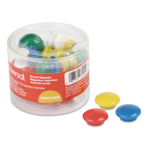 Universal Assorted Magnets, Circles, Assorted Colors, 0.63", 1", 1.63" Diameters, 30/Pack (UNV31250) View Product Image