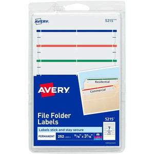 Avery File Folder Labels, Assorted, 2/3" x 3-7/16" , 252 (5215) - 43/64" Height x 3 7/16" Width - Permanent Adhesive - Rectangle - Laser, Inkjet - Dark Blue, Dark Red, Green, Yellow