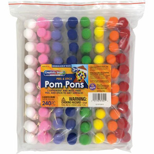 Creativity Street Peel-n-Stick Pom Pons - Project - 11.75" Height x 1.50" Width x 9.25" Length - White, Pink, Purple, Blue, Yellow, Orange, Green, Red - Plush