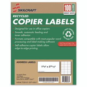 AbilityOne 7530012074363, SKILCRAFT Recycled Copier Labels, Copiers, 1.38 x 2.81, White, 24/Sheet, 100 Sheets/Box