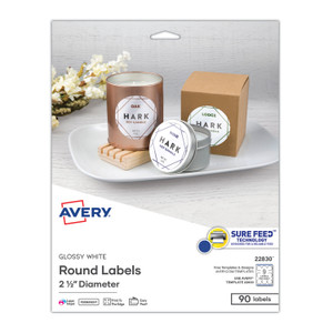 Avery Round Print-to-the Edge Labels with SureFeed, 2.5" dia, Glossy White, 90/PK
