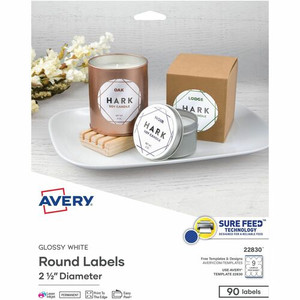 Avery Glossy White Round Labels2" - Waterproof - x 2 1/2" Diameter - Permanent Adhesive - Round - Inkjet, Laser