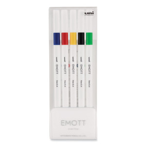 uniball EMOTT Porous Point Pen, Stick, Fine 0.4 mm, Assorted Ink Colors, White Barrel, 5/Pack